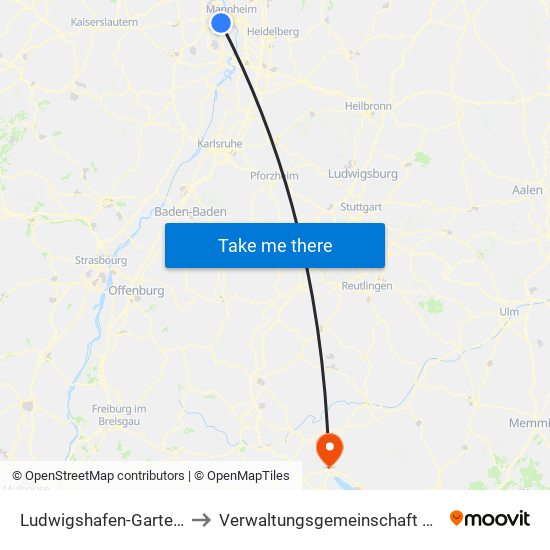 Ludwigshafen-Gartenstadt to Verwaltungsgemeinschaft Stockach map