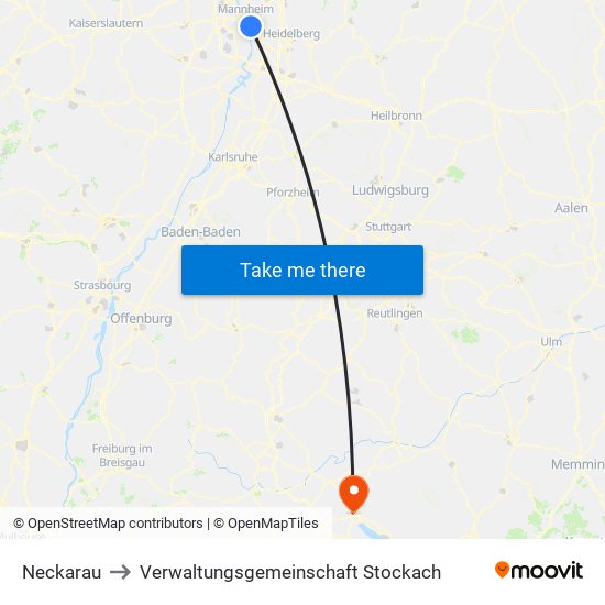 Neckarau to Verwaltungsgemeinschaft Stockach map