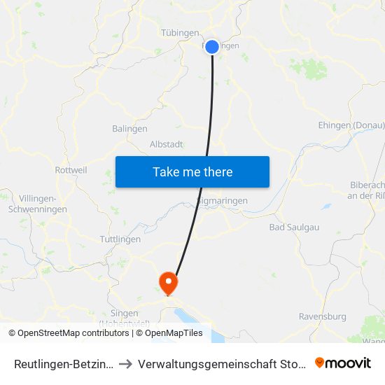 Reutlingen-Betzingen to Verwaltungsgemeinschaft Stockach map