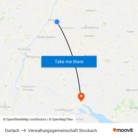 Durlach to Verwaltungsgemeinschaft Stockach map