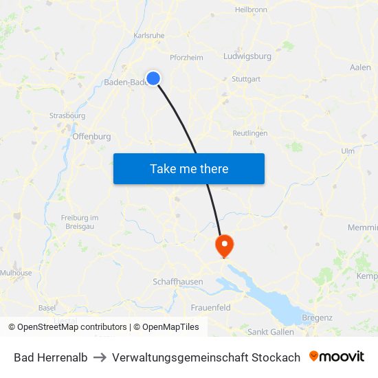 Bad Herrenalb to Verwaltungsgemeinschaft Stockach map