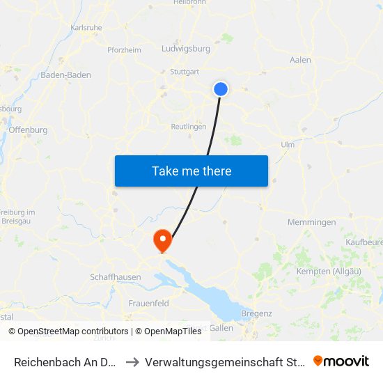 Reichenbach An Der Fils to Verwaltungsgemeinschaft Stockach map