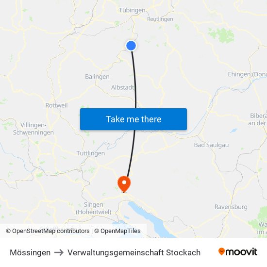Mössingen to Verwaltungsgemeinschaft Stockach map