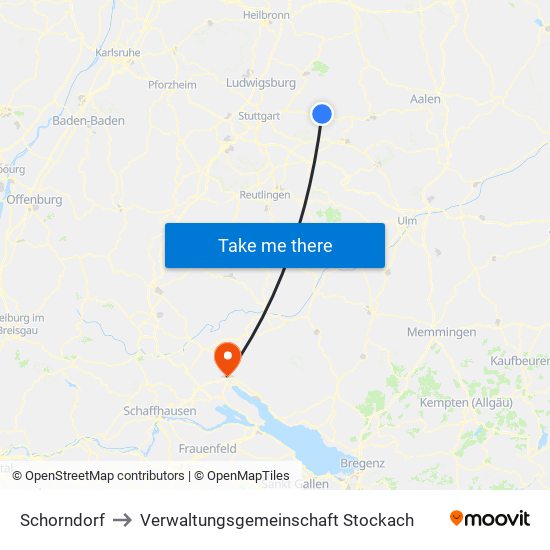 Schorndorf to Verwaltungsgemeinschaft Stockach map