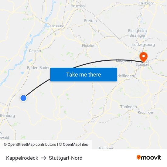 Kappelrodeck to Stuttgart-Nord map