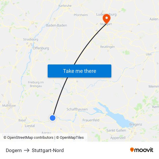 Dogern to Stuttgart-Nord map