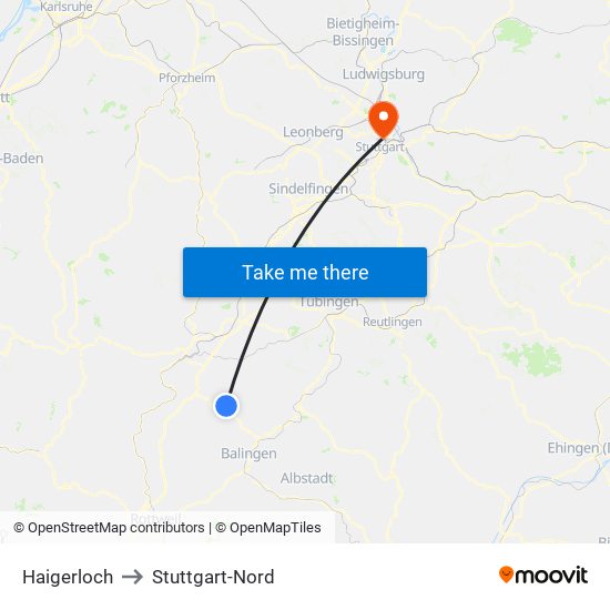 Haigerloch to Stuttgart-Nord map