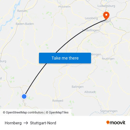 Hornberg to Stuttgart-Nord map