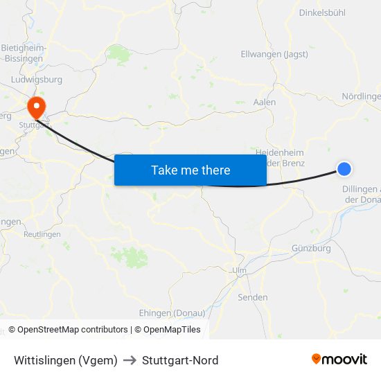 Wittislingen (Vgem) to Stuttgart-Nord map