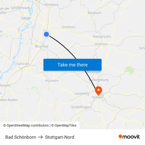 Bad Schönborn to Stuttgart-Nord map