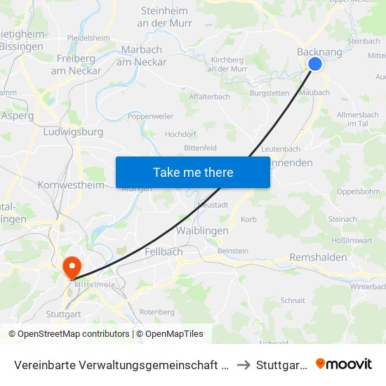 Vereinbarte Verwaltungsgemeinschaft Der Stadt Backnang to Stuttgart-Nord map