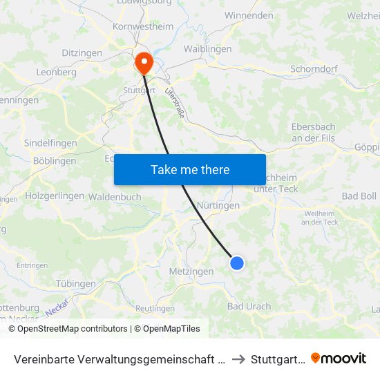 Vereinbarte Verwaltungsgemeinschaft Der Stadt Neuffen to Stuttgart-Nord map