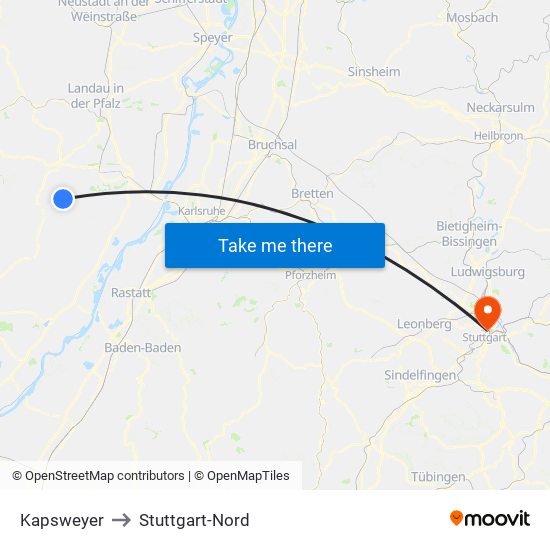 Kapsweyer to Stuttgart-Nord map