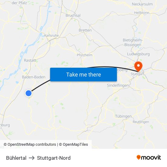 Bühlertal to Stuttgart-Nord map