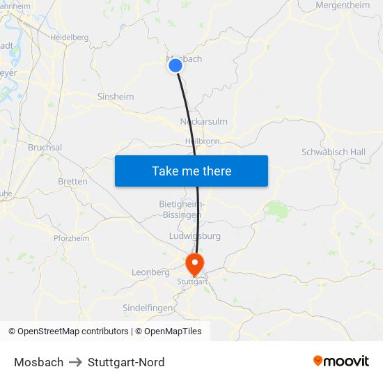 Mosbach to Stuttgart-Nord map