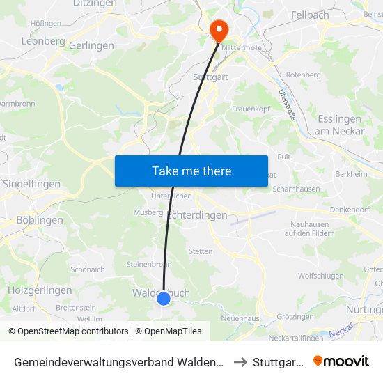 Gemeindeverwaltungsverband Waldenbuch/Steinenbronn to Stuttgart-Nord map