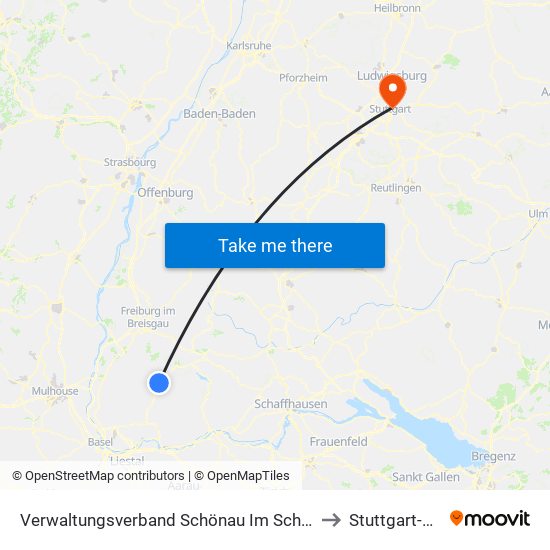 Verwaltungsverband Schönau Im Schwarzwald to Stuttgart-Nord map