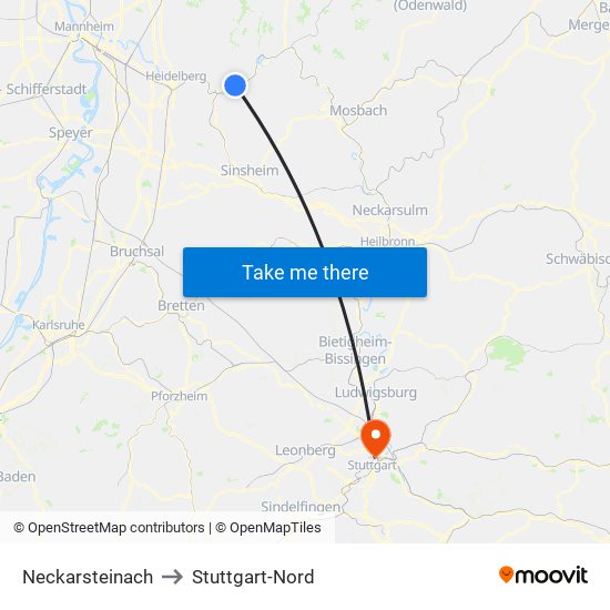 Neckarsteinach to Stuttgart-Nord map