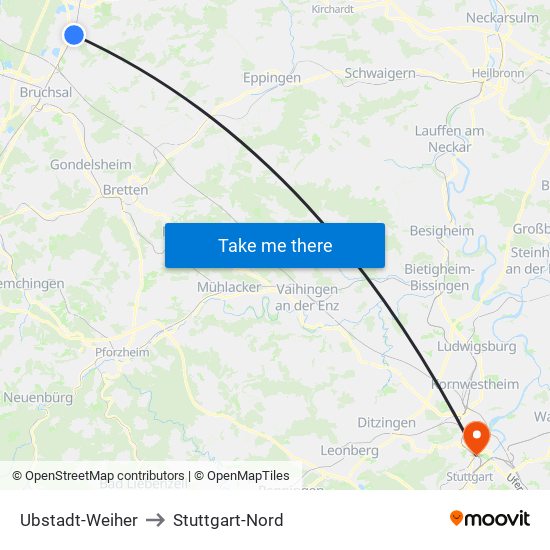 Ubstadt-Weiher to Stuttgart-Nord map