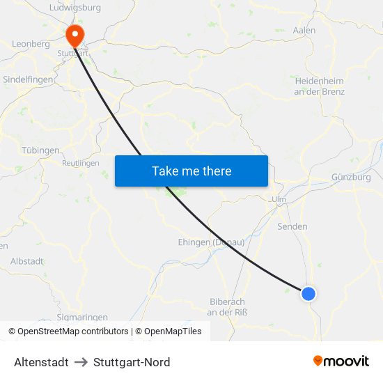 Altenstadt to Stuttgart-Nord map