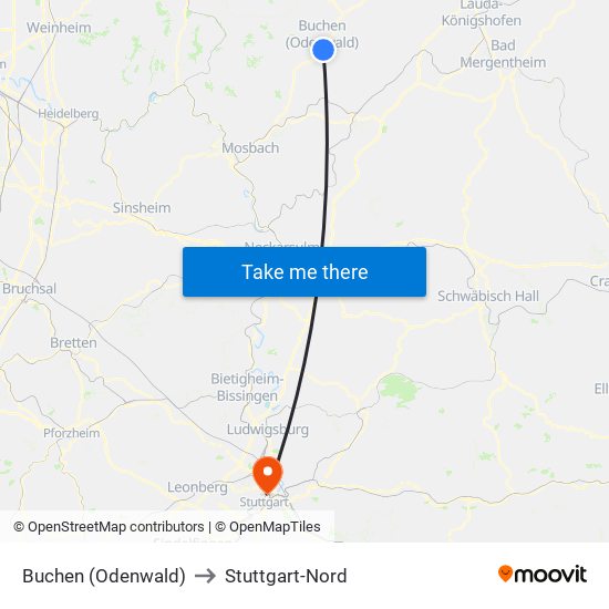 Buchen (Odenwald) to Stuttgart-Nord map