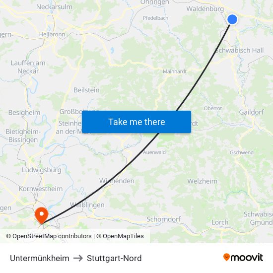 Untermünkheim to Stuttgart-Nord map