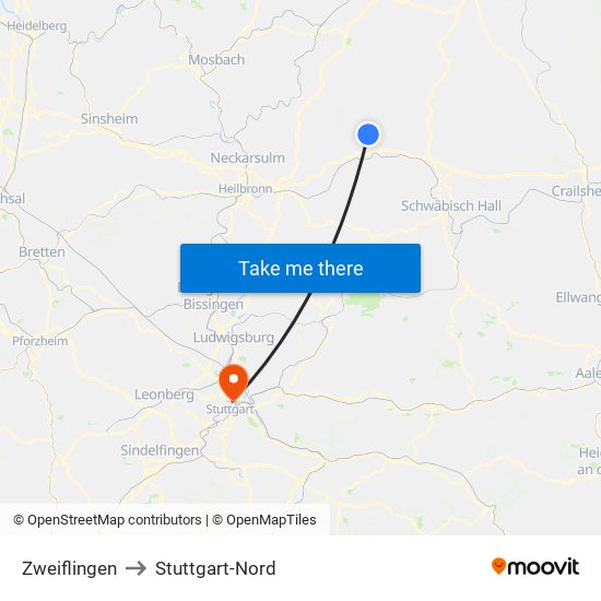 Zweiflingen to Stuttgart-Nord map