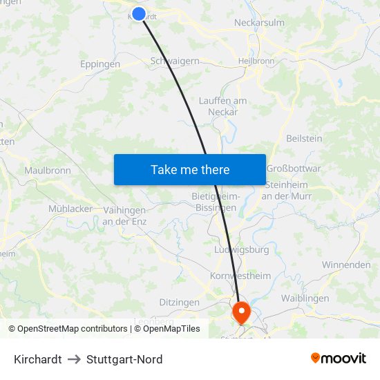 Kirchardt to Stuttgart-Nord map