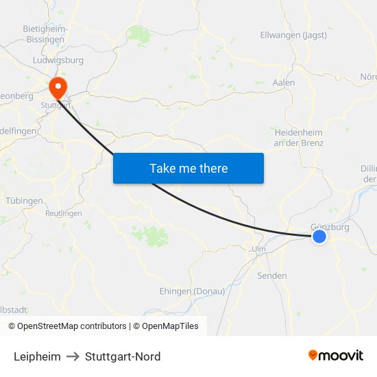 Leipheim to Stuttgart-Nord map