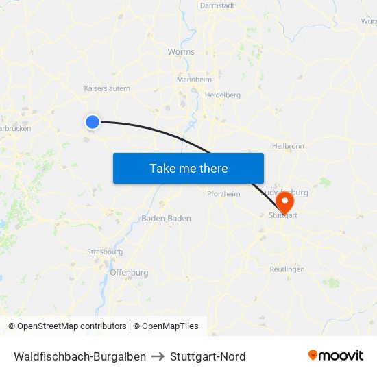 Waldfischbach-Burgalben to Stuttgart-Nord map