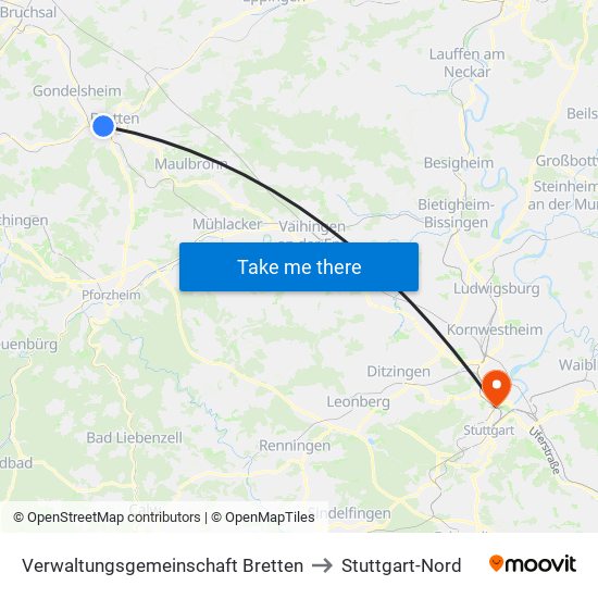 Verwaltungsgemeinschaft Bretten to Stuttgart-Nord map