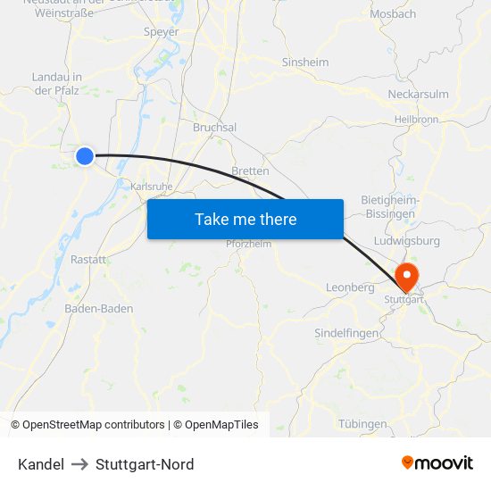 Kandel to Stuttgart-Nord map