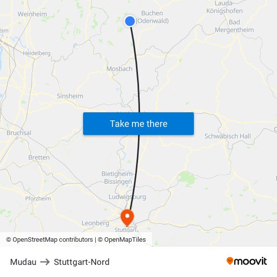 Mudau to Stuttgart-Nord map