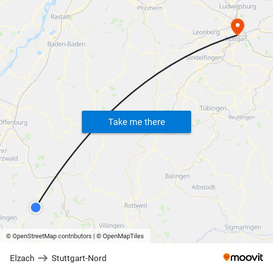 Elzach to Stuttgart-Nord map