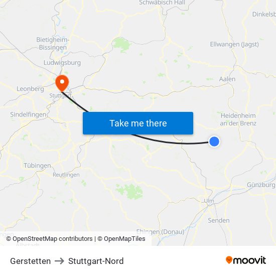 Gerstetten to Stuttgart-Nord map