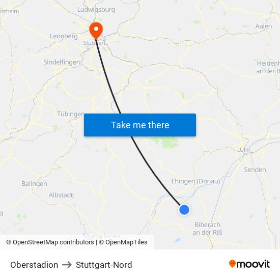 Oberstadion to Stuttgart-Nord map