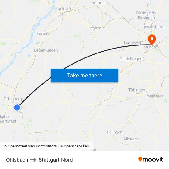 Ohlsbach to Stuttgart-Nord map