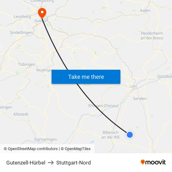 Gutenzell-Hürbel to Stuttgart-Nord map