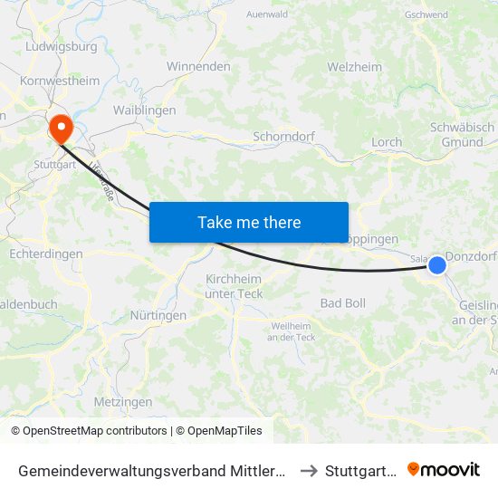 Gemeindeverwaltungsverband Mittleres Fils-Lautertal to Stuttgart-Nord map