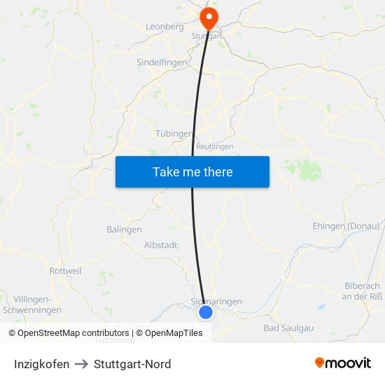 Inzigkofen to Stuttgart-Nord map