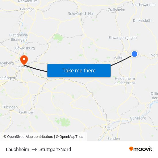 Lauchheim to Stuttgart-Nord map