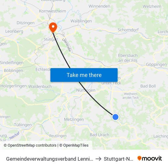 Gemeindeverwaltungsverband Lenningen to Stuttgart-Nord map