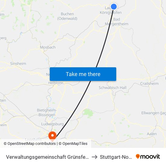 Verwaltungsgemeinschaft Grünsfeld to Stuttgart-Nord map