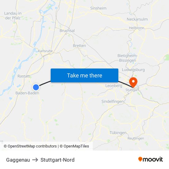 Gaggenau to Stuttgart-Nord map