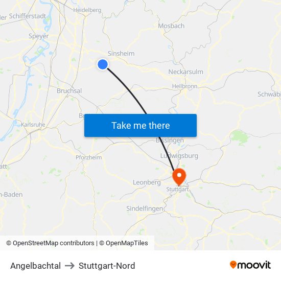 Angelbachtal to Stuttgart-Nord map