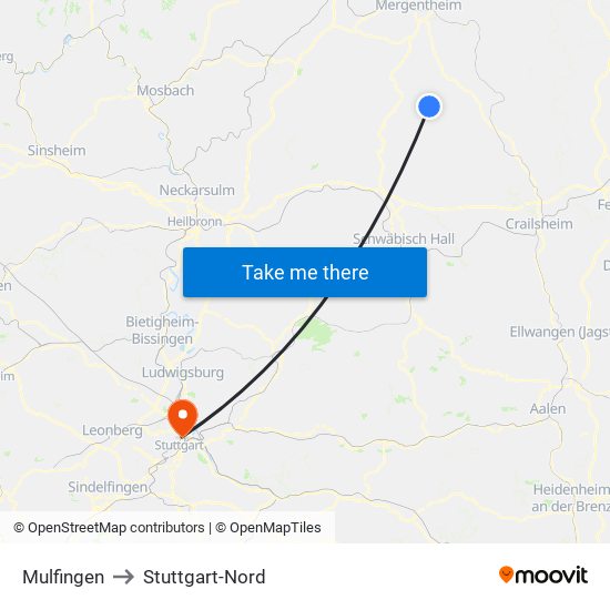 Mulfingen to Stuttgart-Nord map