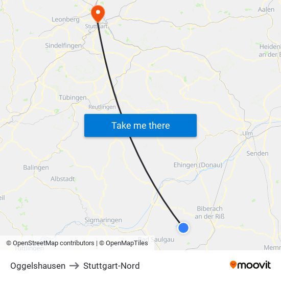 Oggelshausen to Stuttgart-Nord map