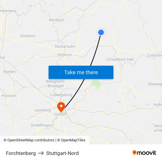 Forchtenberg to Stuttgart-Nord map