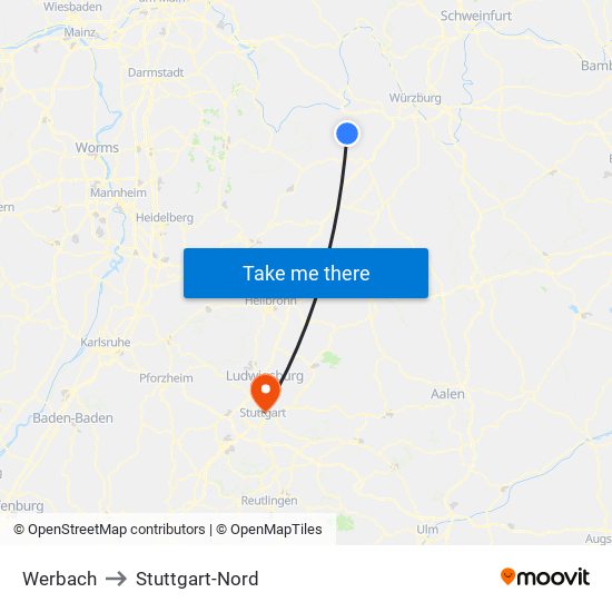 Werbach to Stuttgart-Nord map