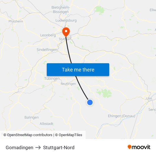 Gomadingen to Stuttgart-Nord map